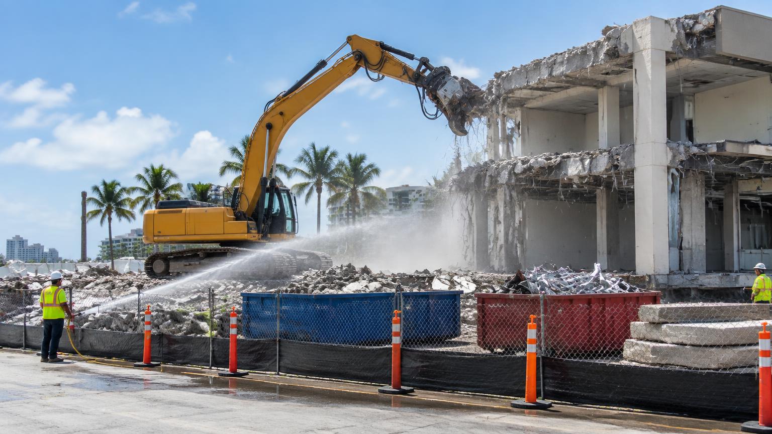 Excavator performing controlled demolition on a South Florida commercial building
