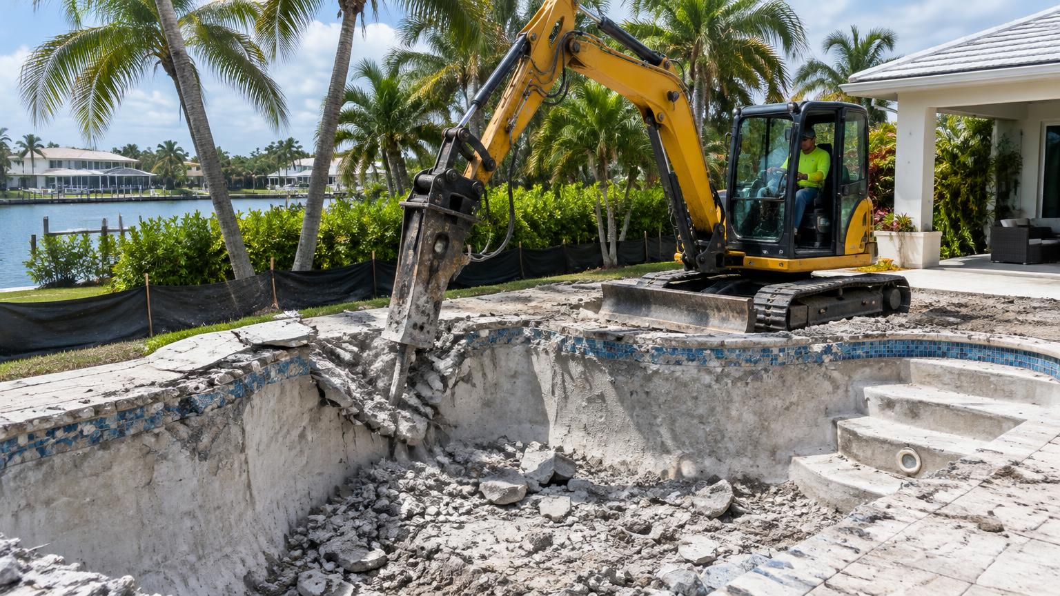 Compact excavator demolishing an empty concrete swimming pool in a South Florida backyard