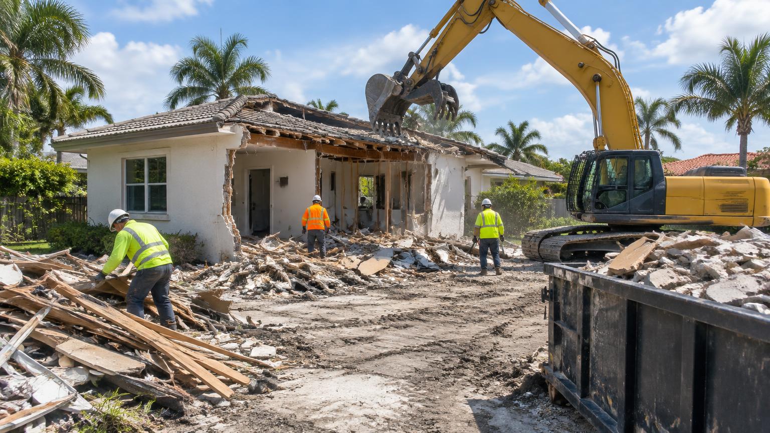 Demolition crew and excavator carefully dismantling a South Florida home