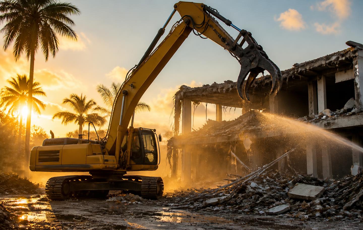 Professional South Florida demolition crew dismantling a commercial building