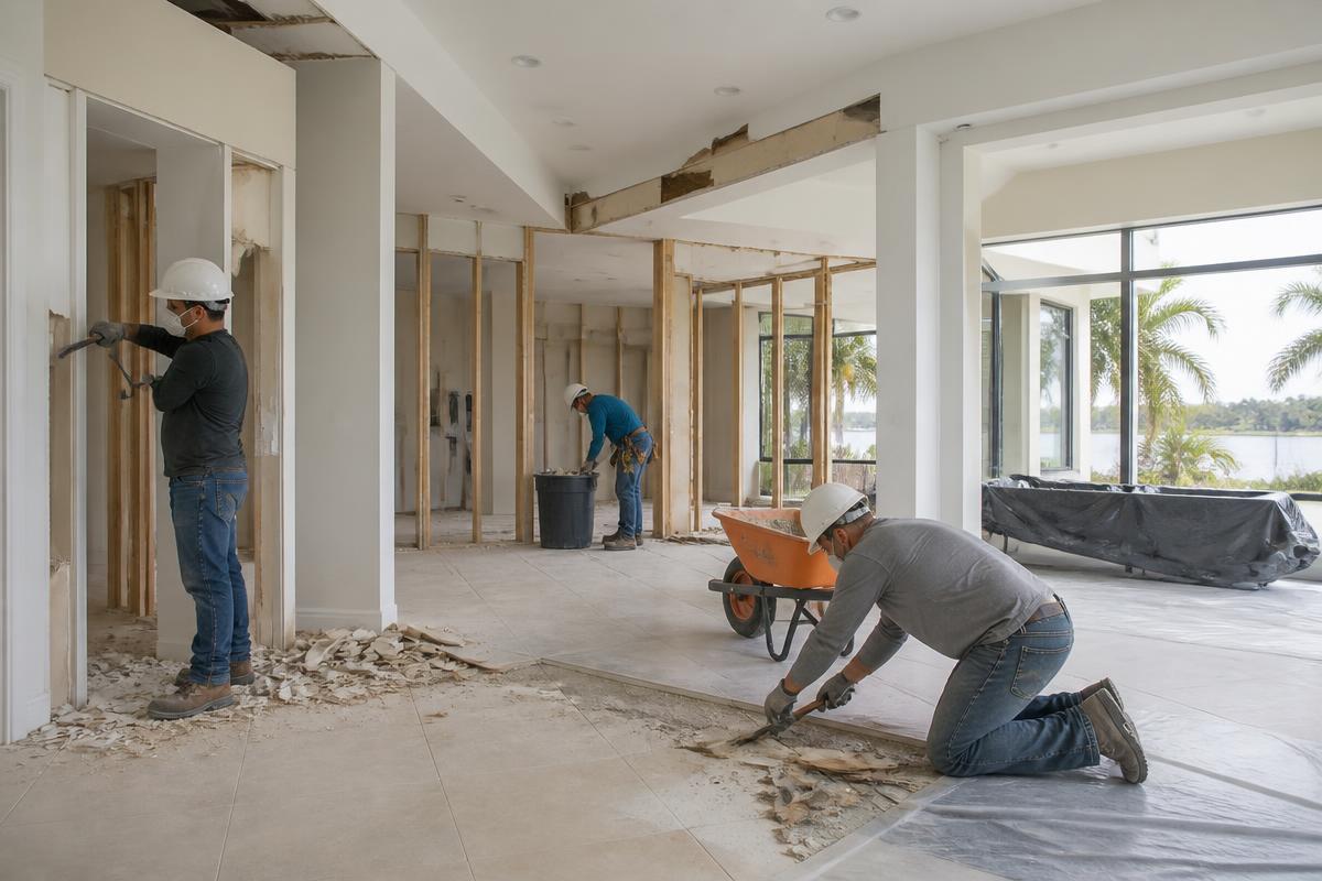 Interior selective demolition crew working in a South Florida home